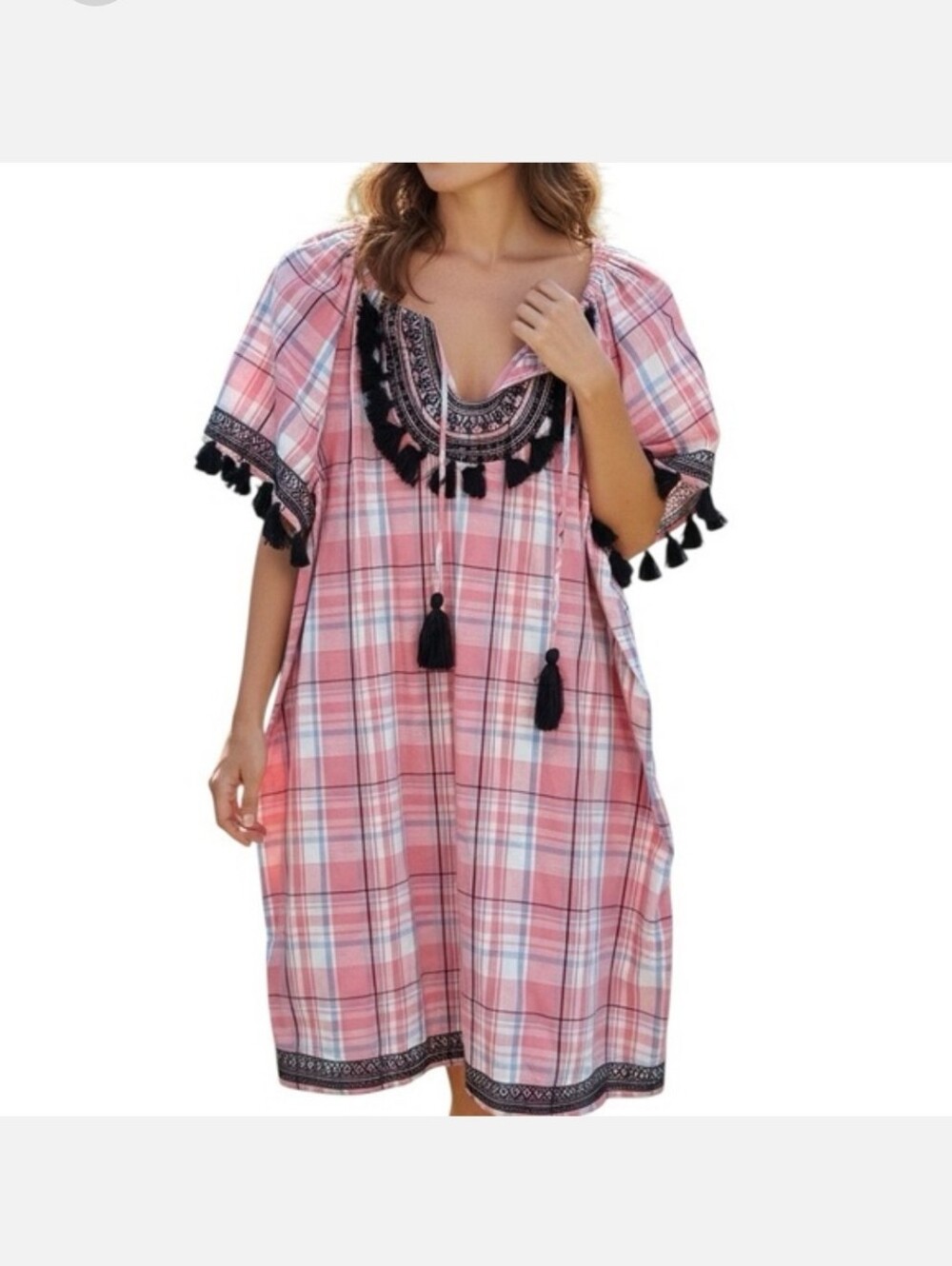 crown & ivy Pink Plaid Tassel Embroidered Kaftan Dress Size 16